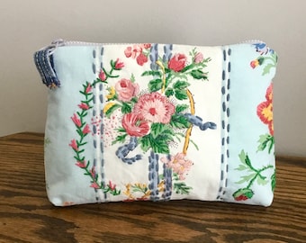 Zipper pouch, upcycled denim, embroidered cosmetic bag