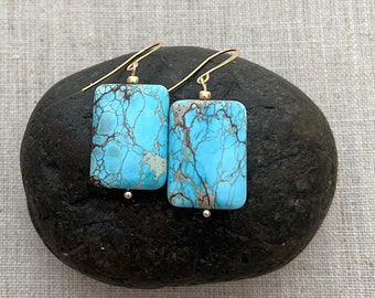 Turquoise Earrings - Jasper Earrings, Turquoise and Gold Earrings, Everyday Earrings, Simple Earrings, Rectangle Earrings, Gemstone Earrings