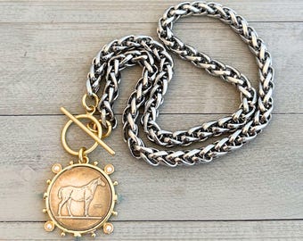 Horse Necklace: Chunky Medallion Pendant, Mixed Metal Necklace