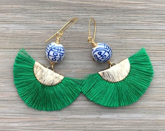 Chinoiserie Earrings - Tassel Earrings - Green Tassel Earrings - Tassle Earrings - Ginger Jar Earrings -  Statement Earrings - Boho Earrings