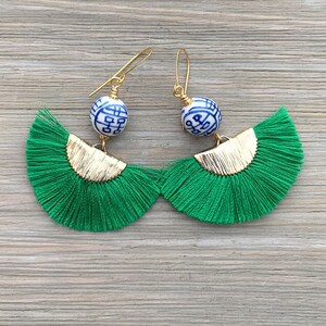 Chinoiserie Earrings - Tassel Earrings - Green Tassel Earrings - Tassle Earrings - Ginger Jar Earrings -  Statement Earrings - Boho Earrings