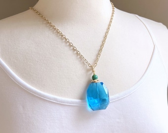 Aqua Necklace, London Blue Necklace, Chunky Pendant Necklace, Design Your Own Necklace, Nugget Pendant Necklace, Blue and Gold