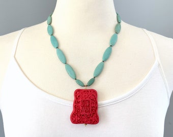 Cinnabar Necklace - Turquoise Necklace - Cinnabar Pendant - Statement Necklace - Red Necklace - Carved Pendant Necklace - Chunky Necklace