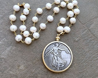 Coin Necklace, Pearl Necklace, Medallion Necklace, Tin Cup Necklace, French Necklace, Statement Necklace, Rosary Style Necklace, French Coin