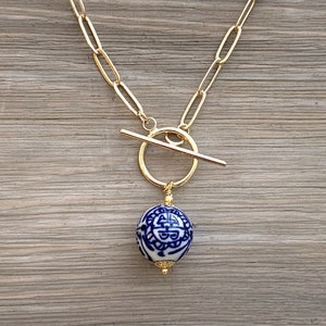 Chinoiserie Porcelain Pendant Necklace: Blue White Ginger Jar, Gold Paperclip Chain