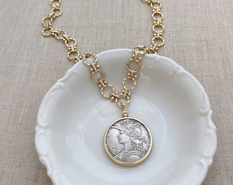 Coin Necklace, Chunky Necklace, Medallion Necklace, Madagascar Coin Necklace, Statement Necklace, Reversible Necklace, Reproduction Coin