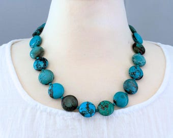 Chunky Turquoise Necklace with Brass Clasp – Blue-Green Gemstone Jewelry
