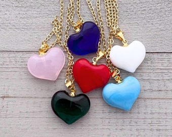 Glass Heart Pendant Necklace – Gold Chain, Colorful Dainty Jewelry