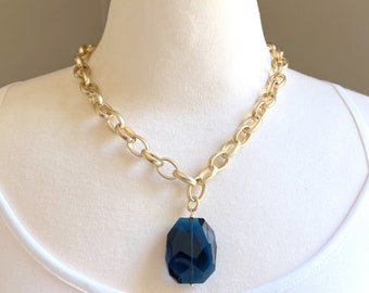 Statement Necklace, London Blue Necklace, Chunky Pendant Necklace, Blue Necklace - Layering Necklace, Nugget Pendant Necklace, Blue and Gold