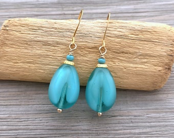 Aqua Earrings Earrings - Vintage Glass Earrings - Teardrop Earrings - Blue Green Earrings - Dainty Earrings - Vintage Style Earrings -