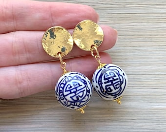 Chinoiserie Earrings: Porcelain Longevity Beads, Gold-Plated Posts
