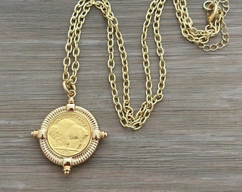 Gold Coin Necklace, Buffalo Coin Necklace, Coin Necklace, Matte Gold Necklace, Buffalo Necklace, Reproduction Coin Necklace, Buffalo Nickel