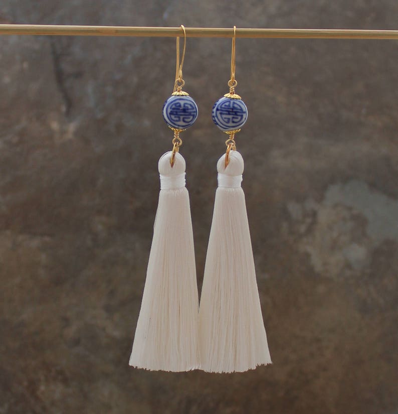 White Tassel Earrings Long Tassel Earrings Boho Silk Tassel Earrings Chinoiserie Earrings Statement Earrings Tassle Earrings
