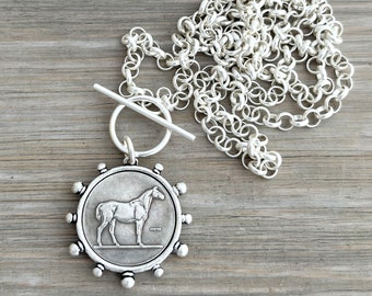 Coin Necklace - French Coin Necklace - Chunky Necklace - Statement Necklace, Horse Necklace - Silver Coin Necklace - Equestrian, Horse,