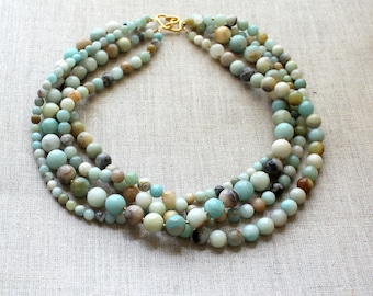 bib necklace online Amazonite Multi Strand Necklace - Amazonite Necklace - Chunky Necklace - Statement Necklace, Boho Necklace - Beach Wedding, Bib Necklace