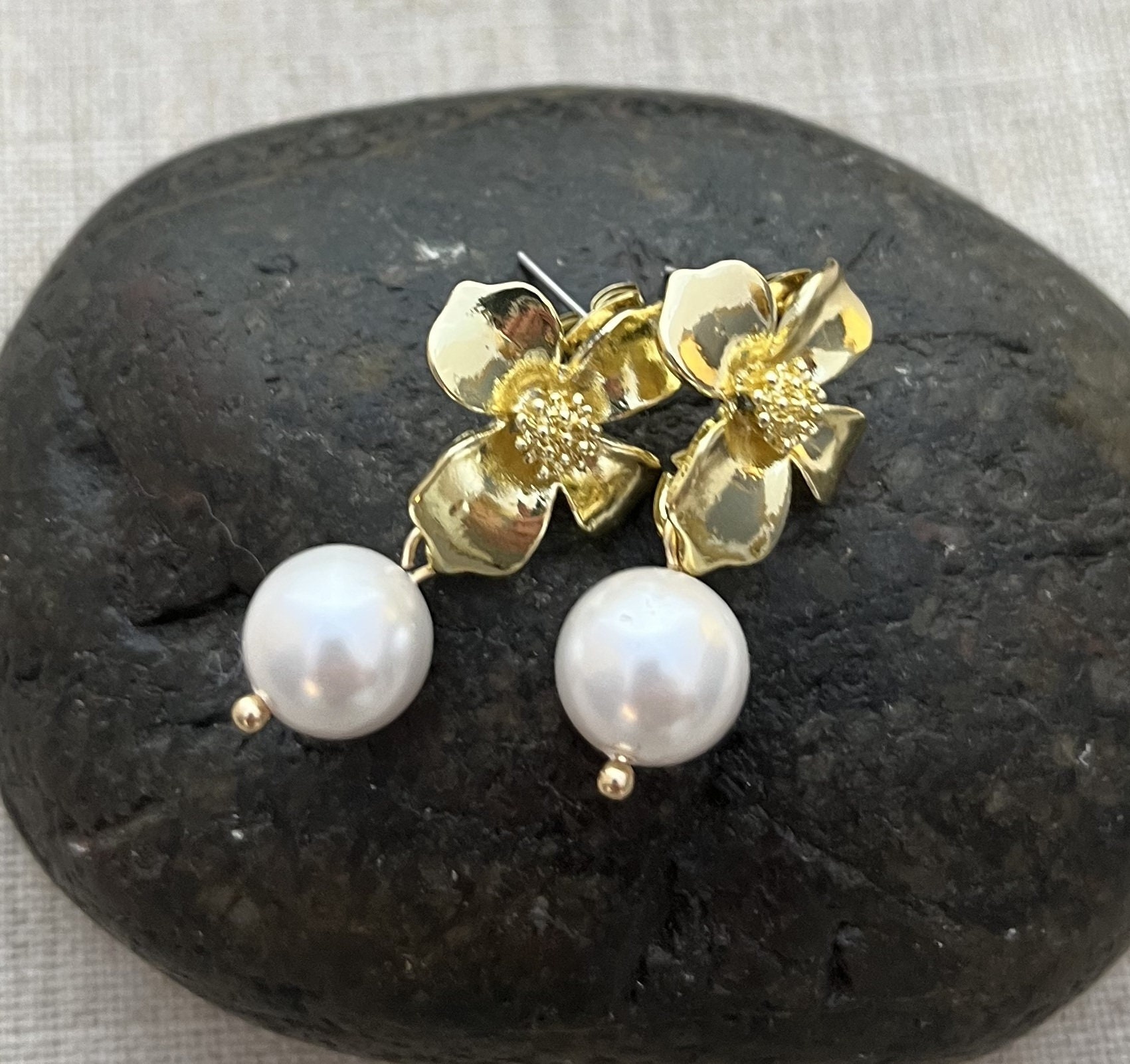 Gold Dogwood Flower Pearl Earrings