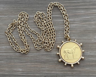 Gold Coin Necklace - French Coin Necklace - Chunky Necklace - Statement Necklace, Horse Necklace - Gold Coin Necklace - Equestrian, Horse