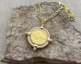 Gold Coin Necklace - Buffalo Nickel Necklace - Chunky Necklace - Statement Necklace, Buffalo Necklace - Reproduction Coin Necklace