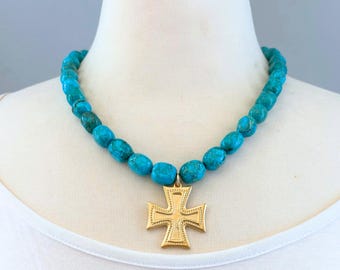 Gold Cross necklace, statement turquoise necklace