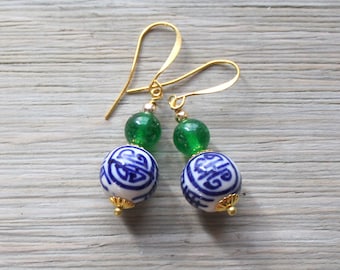 Chinoiserie Earrings: Jade, Porcelain Longevity Beads