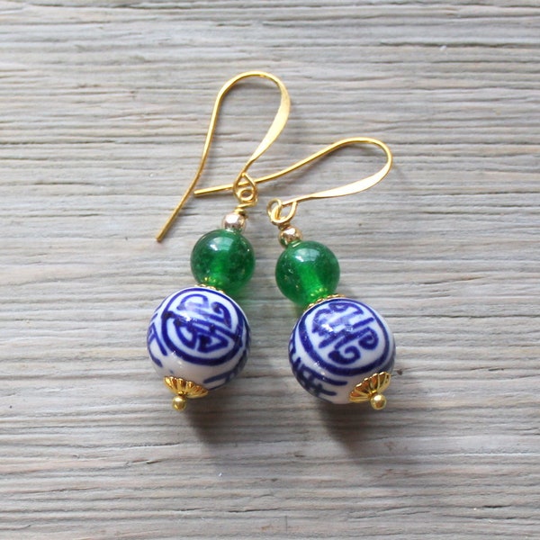 Chinoiserie Earrings - Jade Earrings - Longevity Earrings - Porcelain Earrings - Green Earrings - Blue and green - Oriental Earrings -