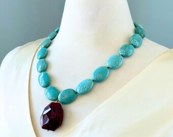 Chunky Turquoise Howlite Necklace, Carnelian Glass Pendant