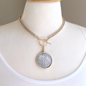 Gold French Victory Coin Necklace: Chunky Medallion Pendant