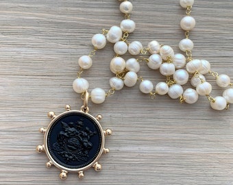 French Coin Necklace: Matte Black Medallion, Freshwater Pearl Rosary Chain