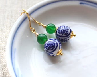 Chinoiserie Earrings - Jade Earrings - Longevity Earrings - Porcelain Earrings - Green Earrings - Blue and green - Oriental Earrings -