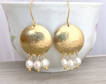 Preppy Earrings - Pearl Earrings - Chandelier Earrings - Matte Gold Earrings, Hammered Earrings, Statement Earrings, Bohemian Earrings,