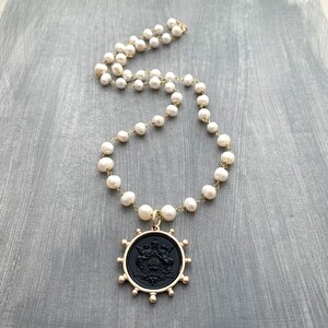 Coin Necklace, Pearl Necklace, Medallion Necklace, Tin Cup Necklace, French Necklace, Statement Necklace, Rosary Style Necklace, French Coin image 9