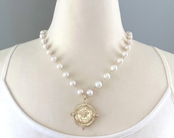 Gold Coin Necklace, French Bee Necklace, Chunky Necklace, Pearl Necklace, Bee Necklace, Reproduction Coin Necklace, Tin Cup Necklace