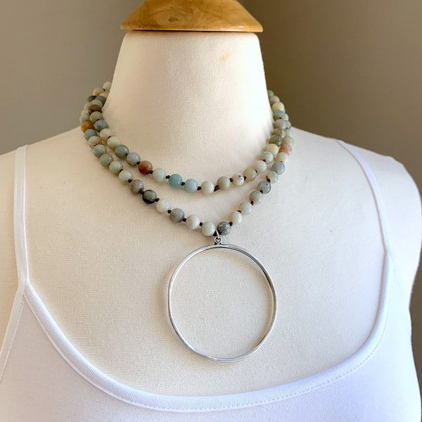 Circle Pendant Necklace, Amazonite Necklace, Boho Necklace, Hand-knotted Necklace, Long Necklace, Multi color necklace, Circle Pendant