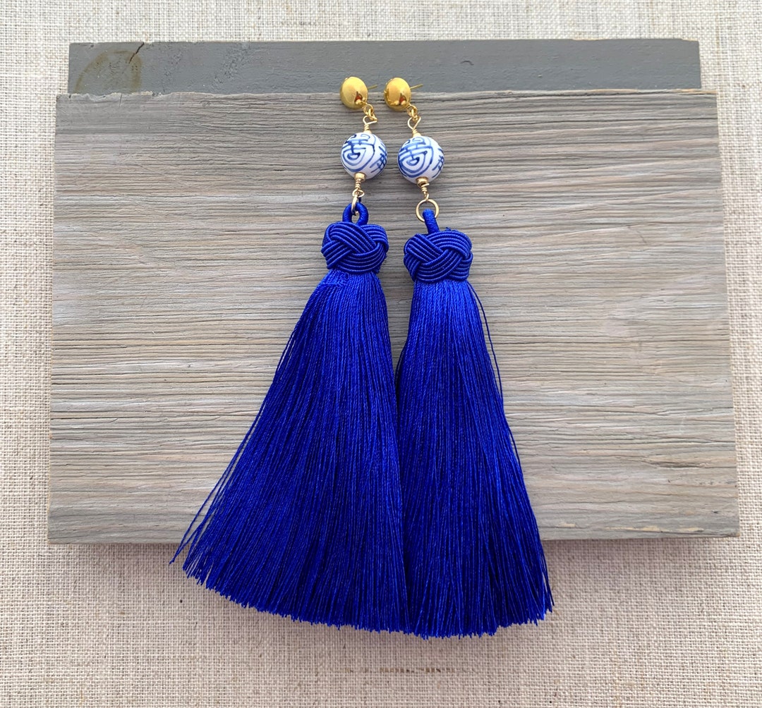 Chinoiserie Earrings Silk Tassel Earrings White Tassel Earrings Tassle