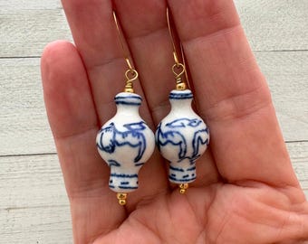 Blue Willow Porcelain Earrings – Chinoiserie Lantern Beads