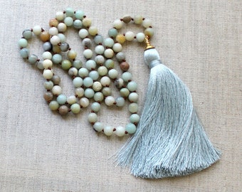 Tassel Necklace - Amazonite Necklace - Layering Necklace, Tassle Necklace, Statement Necklace, Boho Jewelry, Beaded Necklace, Grey Necklace