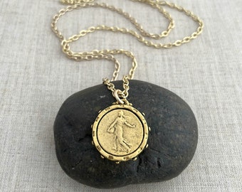 Gold Coin Necklace - French Coin Necklace - Marianne the Sower Necklace - Layering Necklace,  Gold Coin Necklace - Liberty Coin