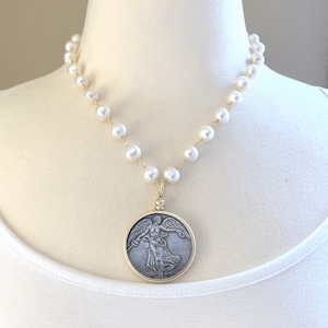 French Victory Coin Necklace: Freshwater Pearl Rosary Chain