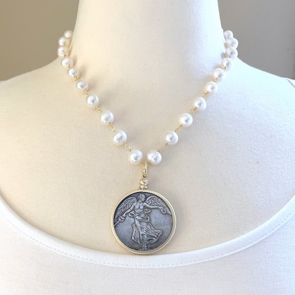 Coin Necklace, Pearl Necklace, Medallion Necklace, Tin Cup Necklace, French Necklace, Statement Necklace, Rosary Style Necklace, French Coin