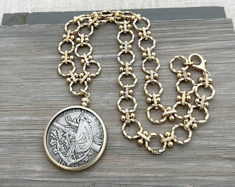 Coin Necklace, Chunky Necklace, Medallion Necklace, Madagascar Coin Necklace, Statement Necklace, Reversible Necklace, Reproduction Coin