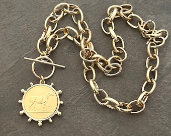 Coin Necklace, Horse Necklace, Medallion Necklace, French Coin Necklace, Statement Necklace, Chunky Gold Necklace, Reproduction Coin