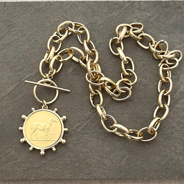Coin Necklace, Horse Necklace, Medallion Necklace, French Coin Necklace, Statement Necklace, Chunky Gold Necklace, Reproduction Coin