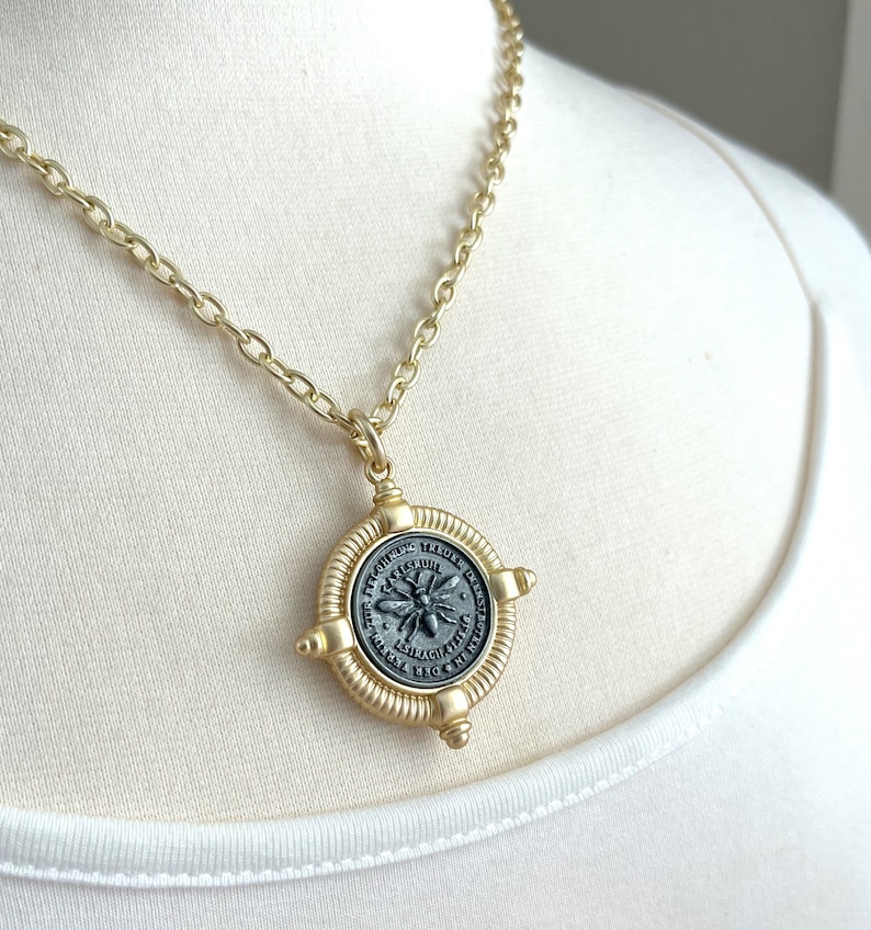 Gold Coin Necklace, French Bee Necklace, Chunky Necklace, Gunmetal Necklace, Bee Necklace, Reproduction Coin Necklace, Mixed Metal Necklace image 6