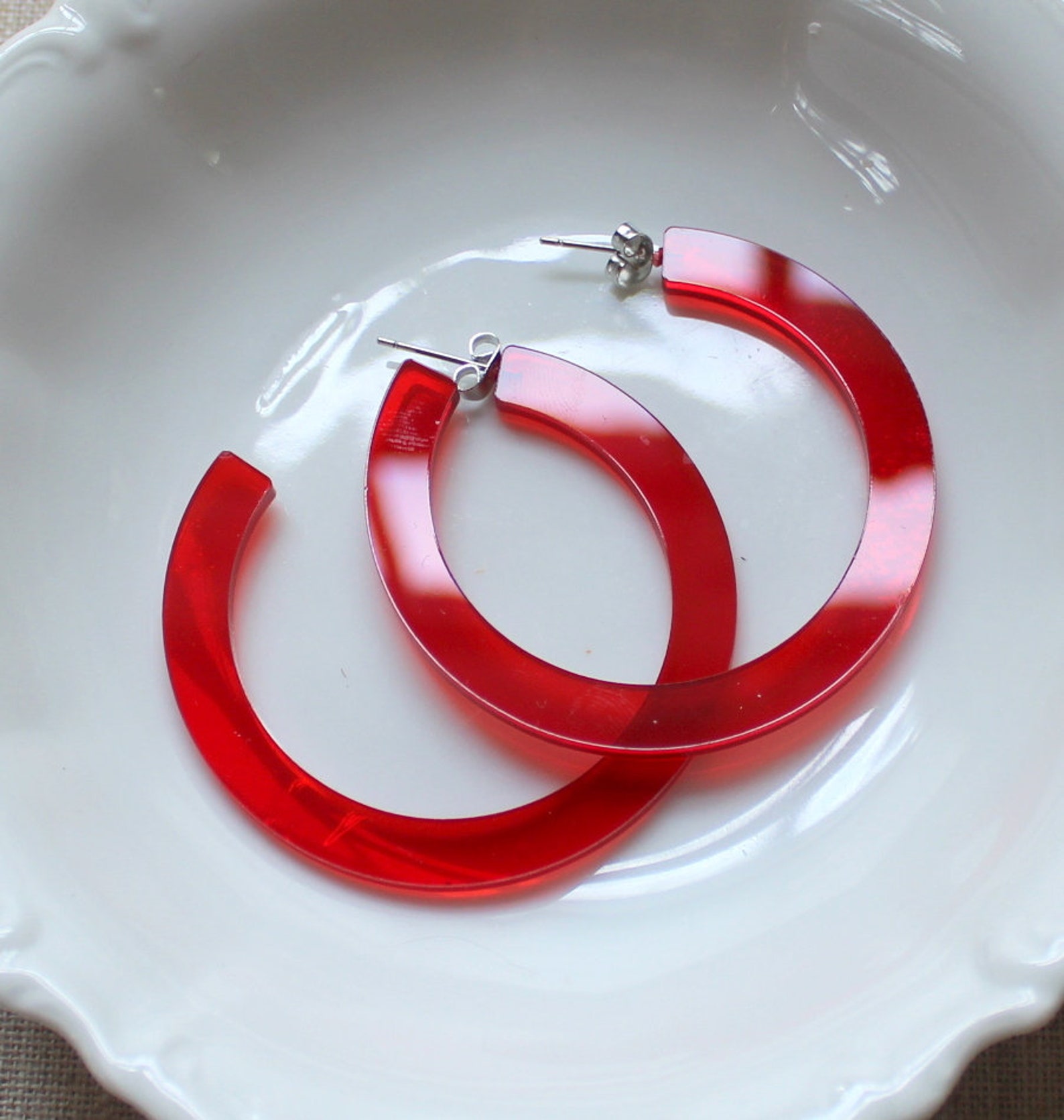 Clear Hoop Earrings Red Hoop Earrings Red Earrings Boho Etsy