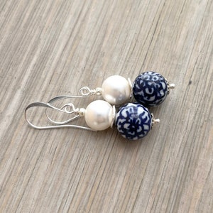 Chinoiserie Earrings - Pearl Earrings - Longevity Earrings - Porcelain Earrings - Ginger Jar Earrings - Blue and white - Oriental Earrings -
