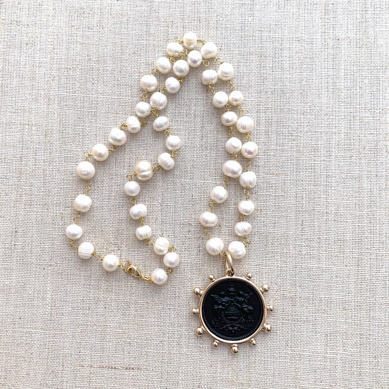 Coin Necklace, Pearl Necklace, Medallion Necklace, Tin Cup Necklace, French Necklace, Statement Necklace, Rosary Style Necklace, French Coin image 3