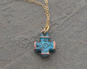 Mykonos Greek Cross with Verdigris Patina. - Rustic Cross Necklace - Cross Necklace - Greek Cross