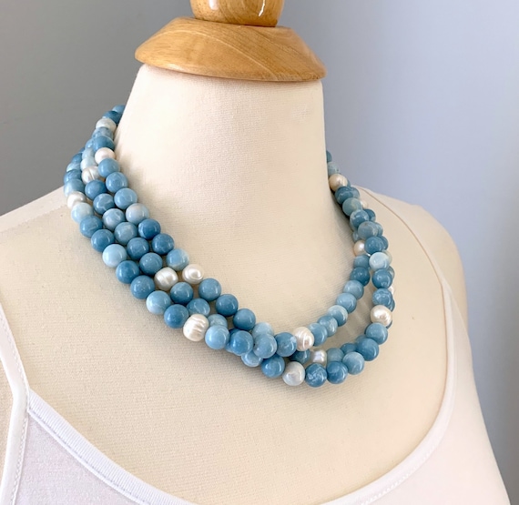 Larimar Multi Strand Necklace: Freshwater Pearl Beaded Statement Jewelry.