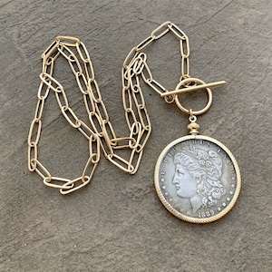 Reproduction 1889 Silver Dollar Necklace: Gold Toggle Chain