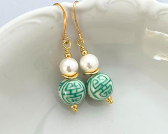 Chinoiserie Pearl Earrings: Green White Porcelain Longevity Beads